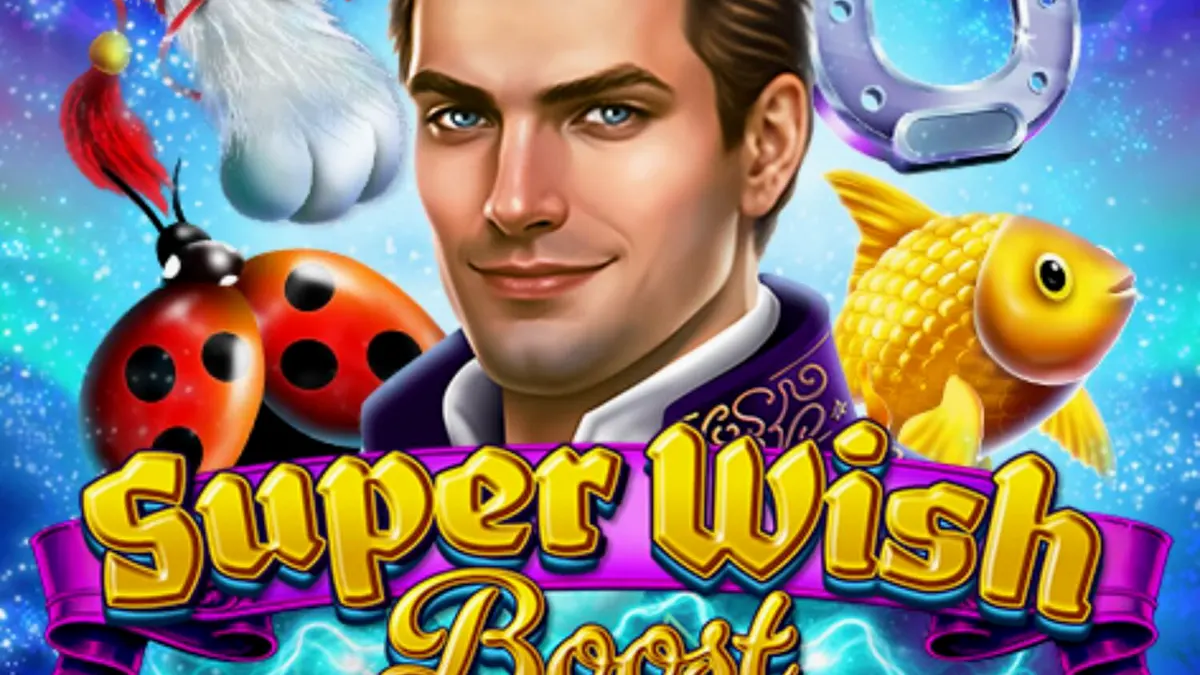 Interface mágica do slot Super Wish Boost com símbolos de sorte e boosters dourados.